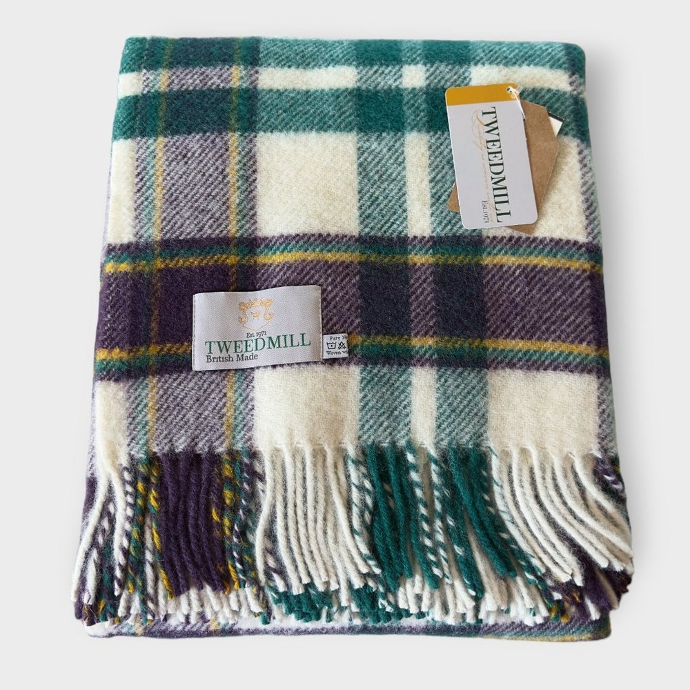 TWEEDMILL WOOL BLANKET WOOL THROW 50X70 CHECK TARTAN OVERSIZED THROW GREEN/PURPL